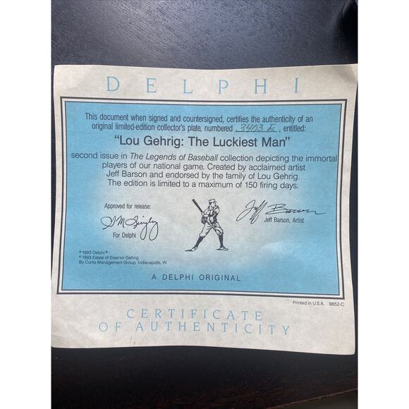 DELPHI LOU GEHRIG THE LUCKIEST MAN LARGE 8" PLATE BRADFORD EXCHANGE - Picture 3 of 7